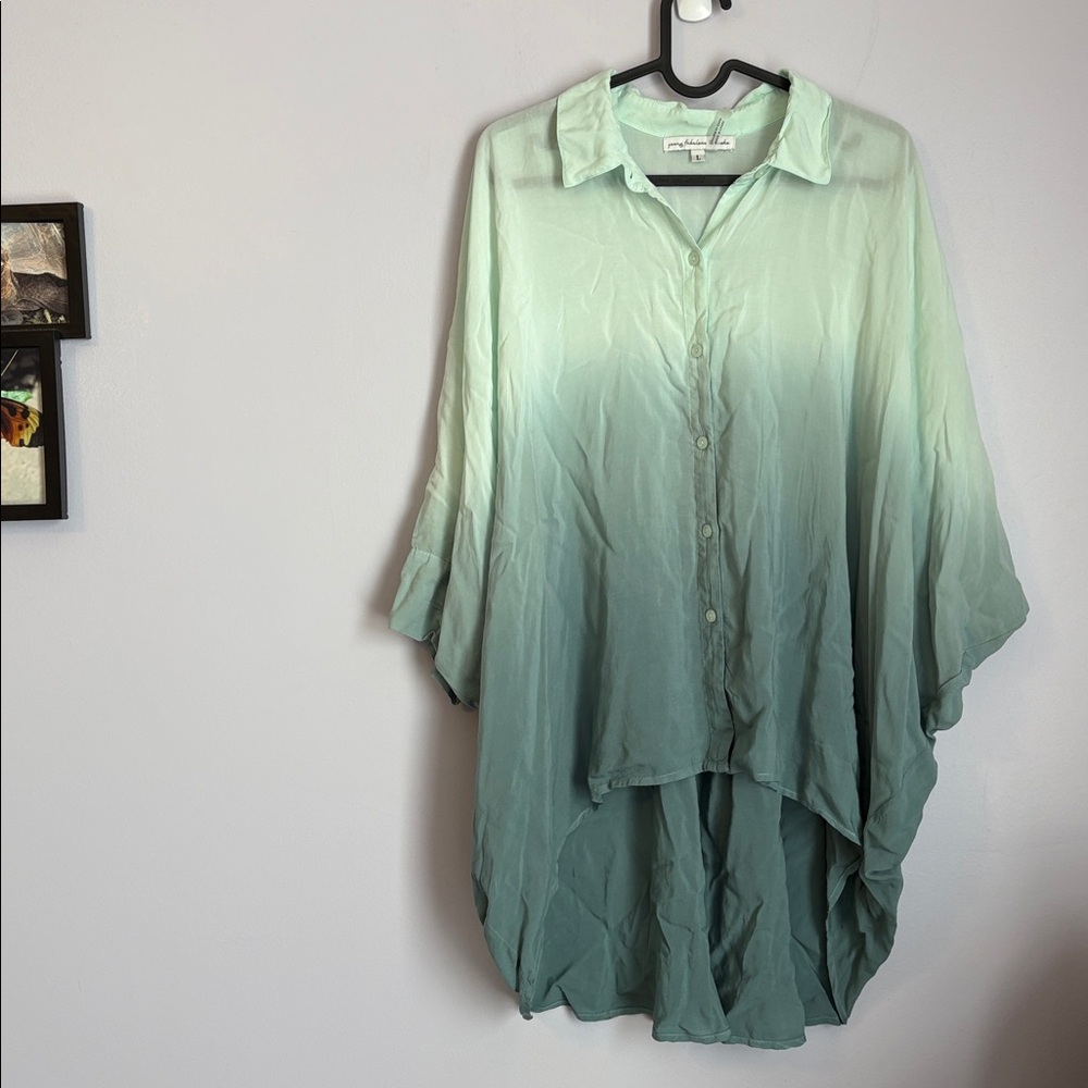 Young Fabulous and Broke Ombré Green Button Front Batwing Dolman Blouse L